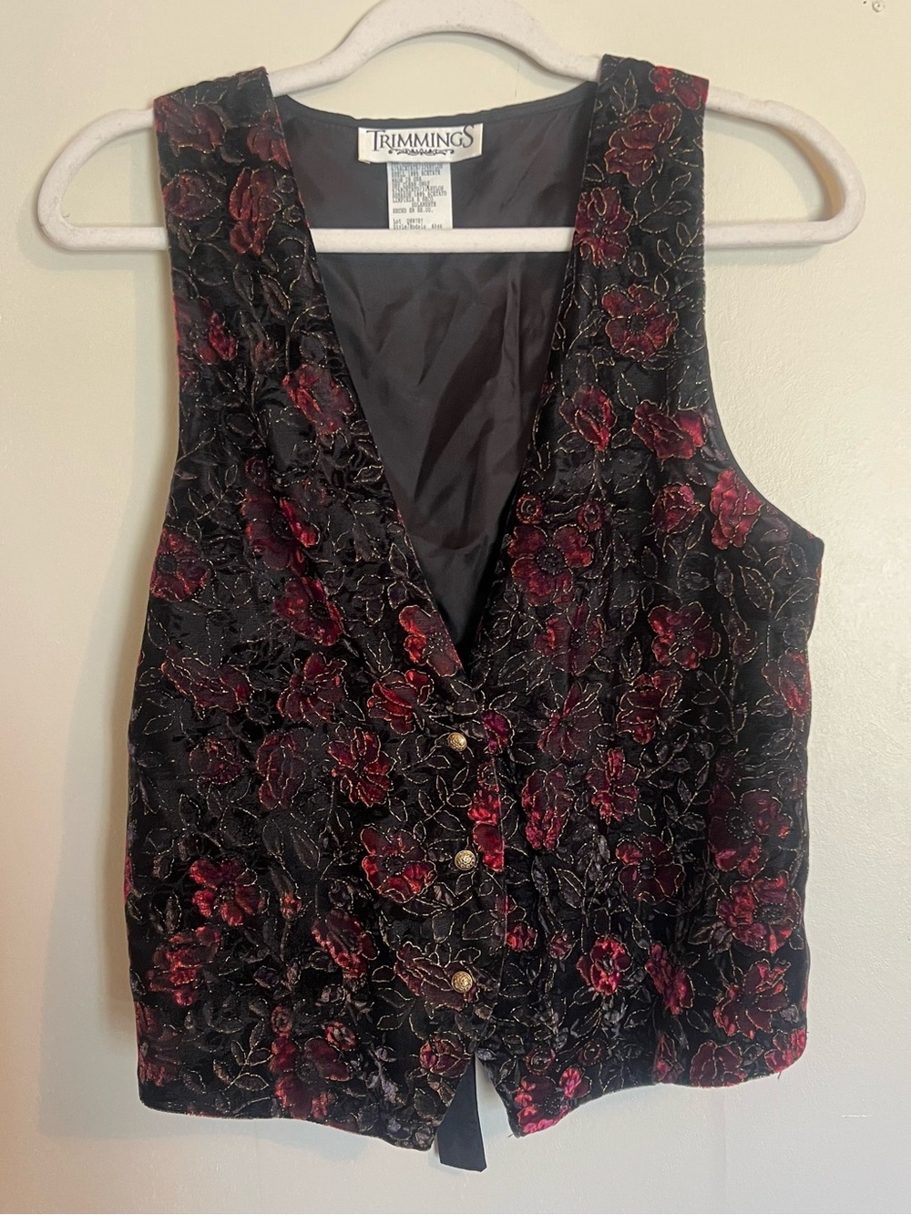 Vintage Black Velvet Floral Vest with Burgundy & Gold Accents